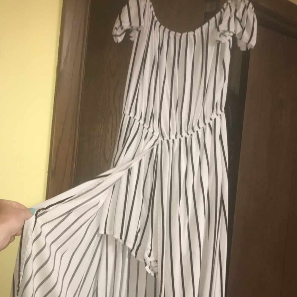Romper high low off the shoulder outfit